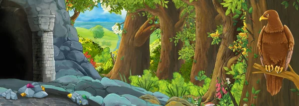 Scena del cartone animato con uccello aquila nella foresta con illustrazione ingresso nascosto per i bambini — Foto Stock