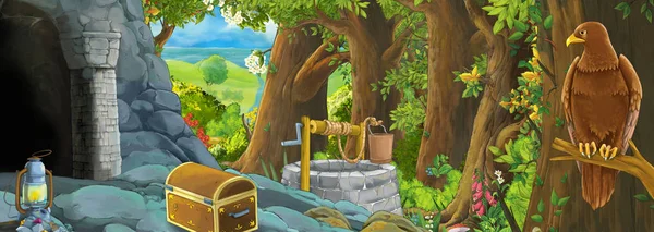 Cartoon scene with eagle bird in the forest with hidden entrance illustration for children — Stock Photo, Image