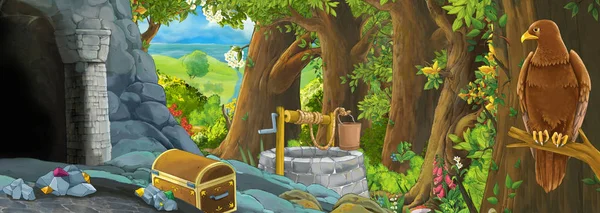 Cartoon scene with eagle bird in the forest with hidden entrance illustration for children — 스톡 사진