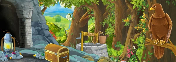 Мультфильм сцена с орлом птицы в лесу с скрытым входом иллюстрации для детей — стоковое фото