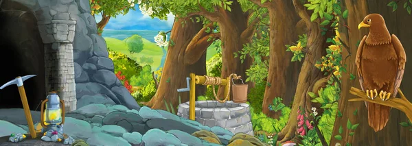 Cartoon scene with eagle bird in the forest with hidden entrance illustration for children — Stock Photo, Image