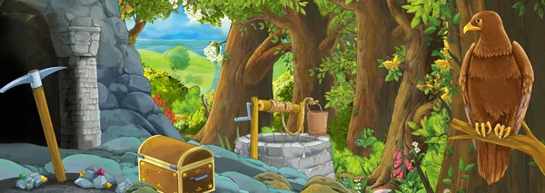 Мультфильм сцена с орлом птицы в лесу с скрытым входом иллюстрации для детей — стоковое фото