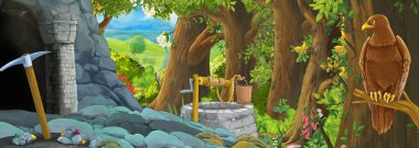 Ormanda kartal kuşunun olduğu çizgi film sahnesi. Çocuklar için gizli giriş illüstrasyonları var.