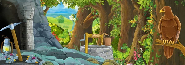 Cartoon scene with eagle bird in the forest with hidden entrance illustration for children — Stock Photo, Image