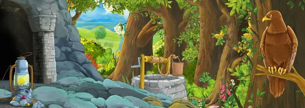 Escena de dibujos animados con pájaro águila en el bosque con ilustración de entrada oculta para niños —  Fotos de Stock