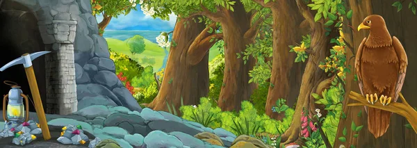 森林里有鹰鸟的卡通片，有隐藏的儿童入口插图 — 图库照片