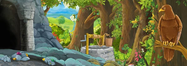 Cartoon scene with eagle bird in the forest with hidden entrance illustration for children — Stock Photo, Image