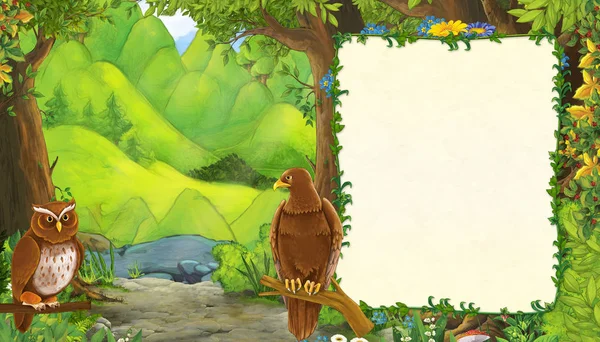 Escena de dibujos animados con pájaro águila en el bosque con ilustración de entrada oculta para niños — Foto de Stock