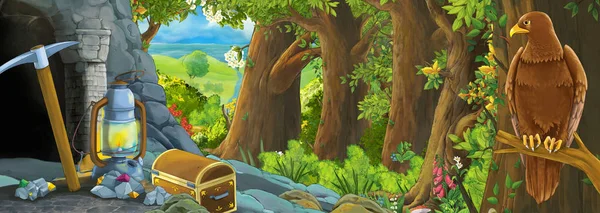 Мультяшна сцена з птахом орла в лісі з прихованою вхідною ілюстрацією для дітей — стокове фото
