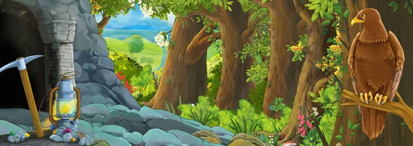 Kreslená scéna s orlím ptákem v lese se skrytým vchodem ilustrace pro děti — Stock fotografie