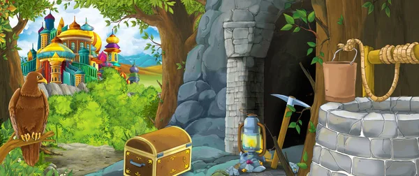 Cartoon scene with eagle bird in the forest with hidden entrance illustration for children — 스톡 사진