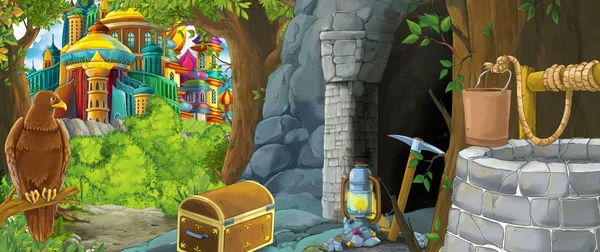 Cartoon scene with eagle bird in the forest with hidden entrance illustration for children — 스톡 사진