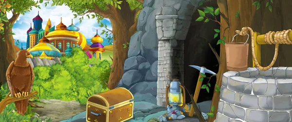 Scène de dessin animé avec aigle oiseau dans la forêt avec illustration d'entrée cachée pour les enfants — Photo