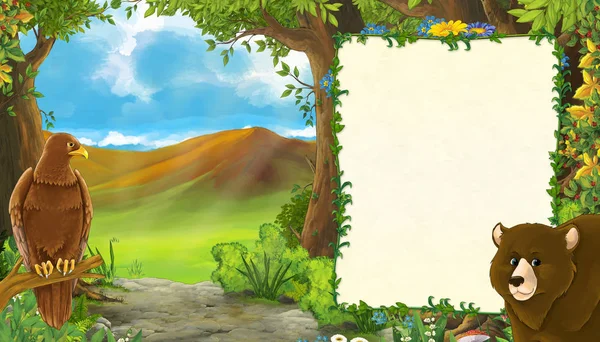 Zeichentrickszene mit Bär mit Vogeladler mit Gebirgstal am Waldrand mit Rahmen für Textillustration für Kinder — Stockfoto