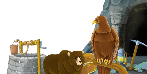 Cena dos desenhos animados com urso com águia de pássaro com entrada para a mina com águia de pássaro no fundo branco com espaço para texto - ilustração para crianças — Fotografia de Stock