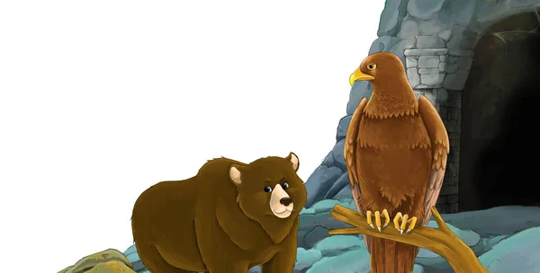 Tecknad scen med björn med fågel örn med ingång till gruvan med fågel örn på vit bakgrund med utrymme för text - illustration för barn — Stockfoto