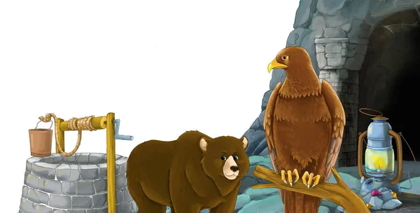 Scena kreskówki z niedźwiedziem z orłem ptaków z wejściem do kopalni z orłem ptaków na białym tle z miejscem na tekst - ilustracja dla dzieci — Zdjęcie stockowe