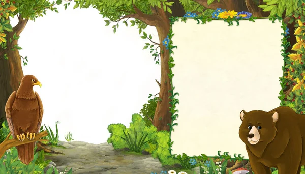 Cartone animato scena estiva con orso con uccello aquila con prato nella foresta con sfondo bianco illustrazione per bambini — Foto Stock