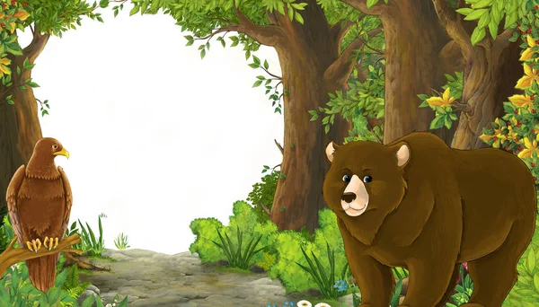 Cartone animato scena estiva con orso con uccello aquila con prato nella foresta con sfondo bianco illustrazione per bambini — Foto Stock