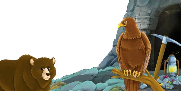 Scena kreskówki z niedźwiedziem z orłem ptaków z wejściem do kopalni z orłem ptaków na białym tle z miejscem na tekst - ilustracja dla dzieci — Zdjęcie stockowe