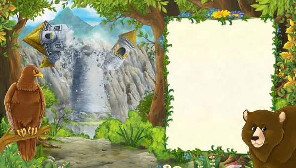 Cartoon Natur mit Bär mit Vogel-Adler-Szene mit Burgturm im Wald mit Textrahmen - Illustration für die Kinder — Stockfoto