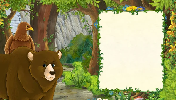 Scena cartone animato con orso con uccello aquila con uccello aquila con montagne valle vicino alla foresta con cornice per illustrazione di testo per bambini — Foto Stock