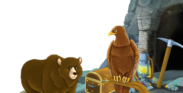 Scena kreskówki z niedźwiedziem z wejściem orła ptaka do kopalni na białym tle z miejscem na tekst - ilustracja dla dzieci — Zdjęcie stockowe