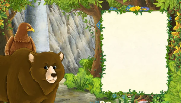 Cartoon-Naturszene mit Bär mit Vogeladler mit Burgturm im Wald mit Textrahmen - Illustration für die Kinder — Stockfoto