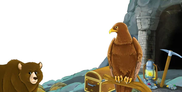 Cartoon scene met beer met vogel adelaar met toegang tot de mijn met vogel adelaar op witte achtergrond met ruimte voor tekst - illustratie voor kinderen — Stockfoto