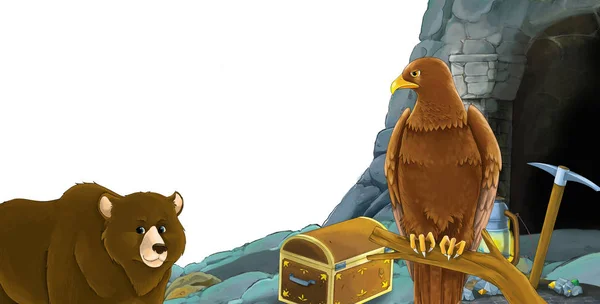 Escena de dibujos animados con oso con pájaro águila con entrada a la mina con pájaro águila sobre fondo blanco con espacio para el texto - ilustración para niños — Foto de Stock