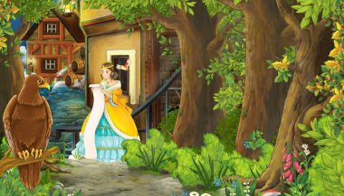 Ortaçağ şehir caddesi ve güzellik abidesiyle çizgi film doğa sahnesi.