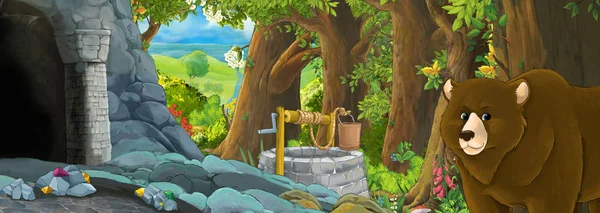 Cartoon scene with eagle bird in the forest with hidden entrance — Stock Photo, Image