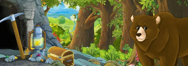 Scena del cartone animato con uccello aquila nella foresta con ingresso nascosto — Foto Stock