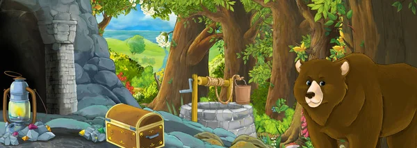 Cartoon scene with eagle bird in the forest with hidden entrance — 스톡 사진