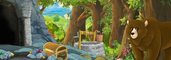 Cartoon scene with eagle bird in the forest with hidden entrance — 스톡 사진