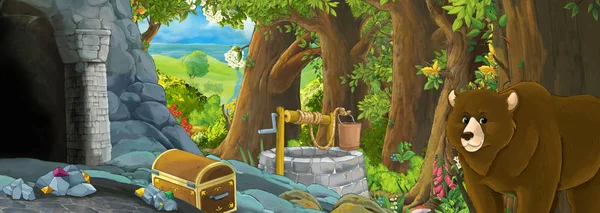 Cartoon scene with eagle bird in the forest with hidden entrance — 스톡 사진