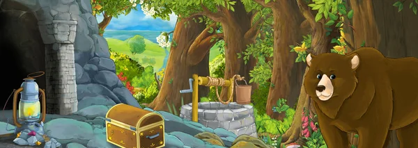 Scena del cartone animato con uccello aquila nella foresta con ingresso nascosto — Foto Stock