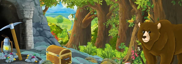 Escena de dibujos animados con pájaro águila en el bosque con entrada oculta — Foto de Stock