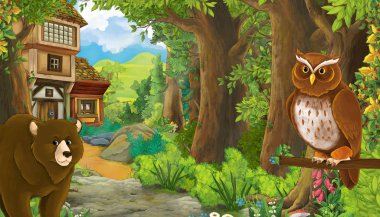 cartoon scene with eagle bird with mountains and valley with far