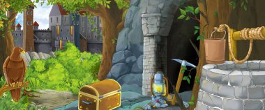 Ormanda eski madene gizli girişi olan karikatür sahnesi