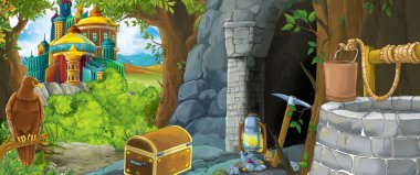 Ormanda eski madene gizli girişi olan karikatür sahnesi