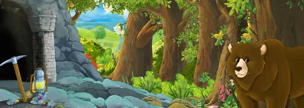 Мультяшная сцена с орлиной птицей в лесу со скрытым входом — стоковое фото