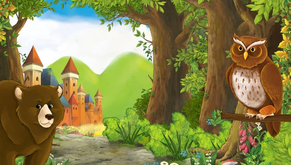 Cartoon nature scene with eagle bird with beautiful castle near