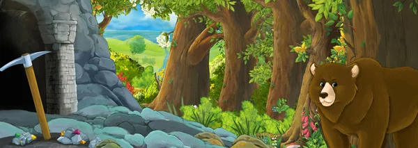 Escena de dibujos animados con pájaro águila en el bosque con entrada oculta — Foto de Stock