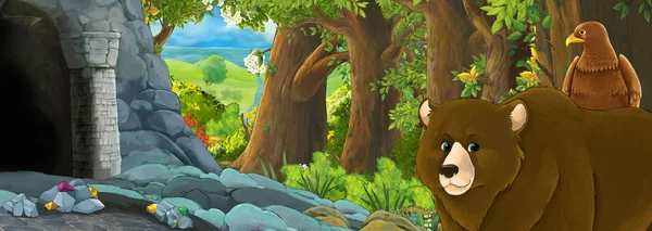 Cartoon scene with eagle bird in the forest with hidden entrance — 스톡 사진