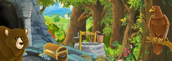 Cartoon scene with eagle bird in the forest with hidden entrance — 스톡 사진