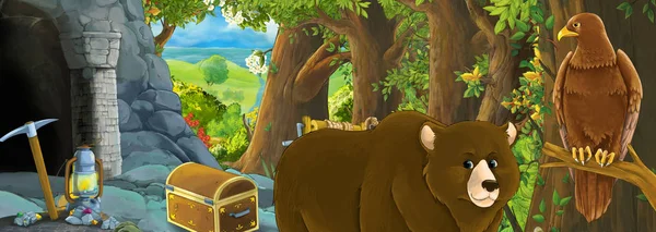 cartoon scene with eagle bird in the forest with hidden entrance