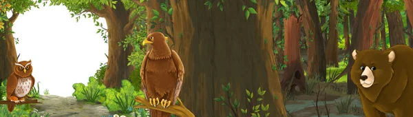 Divertida escena de dibujos animados con águila pájaro en el bosque con oculto en — Foto de Stock