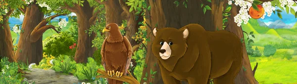 Αστεία σκηνή κινουμένων σχεδίων με αετός πουλί στο δάσος με κρυφό en — Φωτογραφία Αρχείου