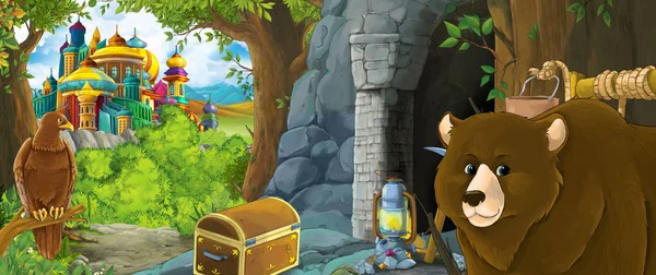 cartoon scene with eagle bird in the forest with hidden entrance